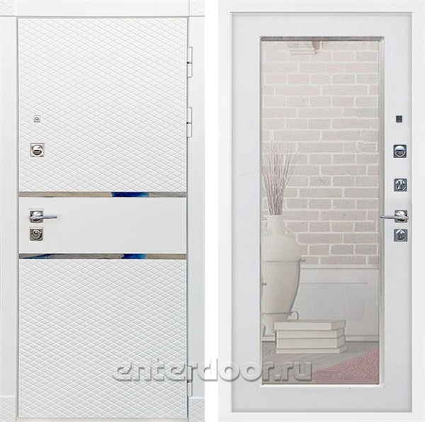 Входная металлическая дверь Сенатор Бастион с зеркалом Оптима (Белый матовый / Белый ясень)