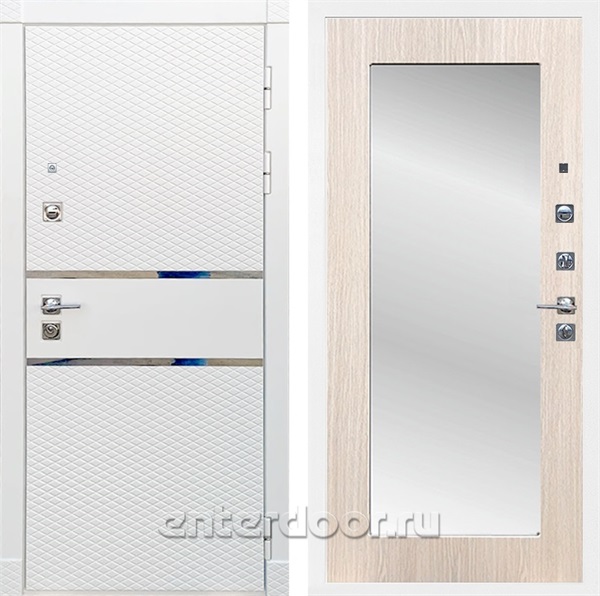 Входная металлическая дверь Сенатор Бастион с зеркалом Оптима (Белый матовый / Дуб белёный)