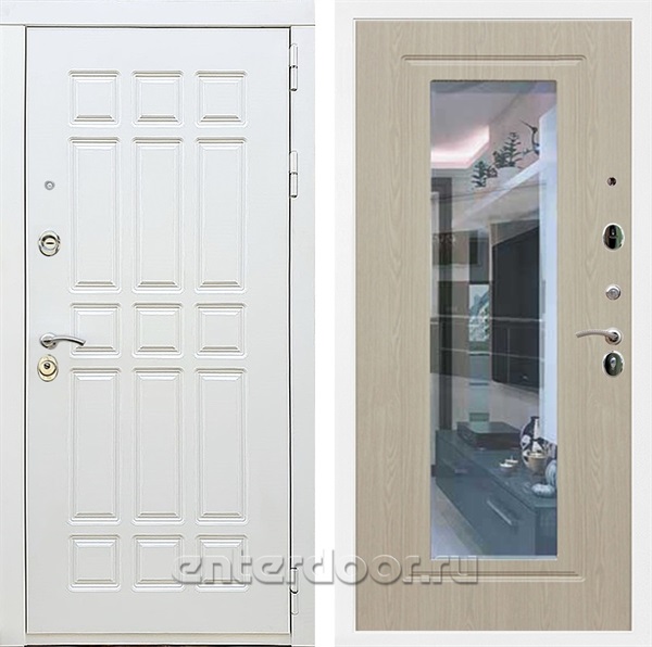 Входная металлическая дверь Сиэтл White с зеркалом (Белый матовый / Беленый дуб)
