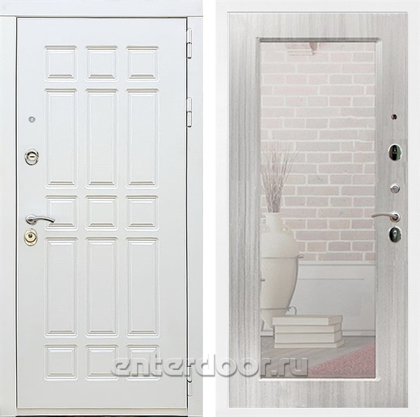 Входная металлическая дверь Сиэтл White с зеркалом Оптима (Белый матовый / Сандал белый)