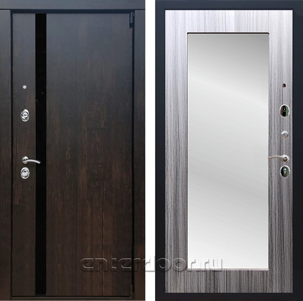 Входная металлическая дверь Премьер 3К с зеркалом Оптима (Тиковое дерево / Сандал серый)