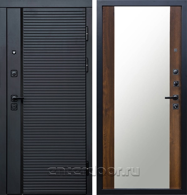Входная металлическая дверь Блэк Гранд зеркало Максимум (Чёрный кварц / Дуб)