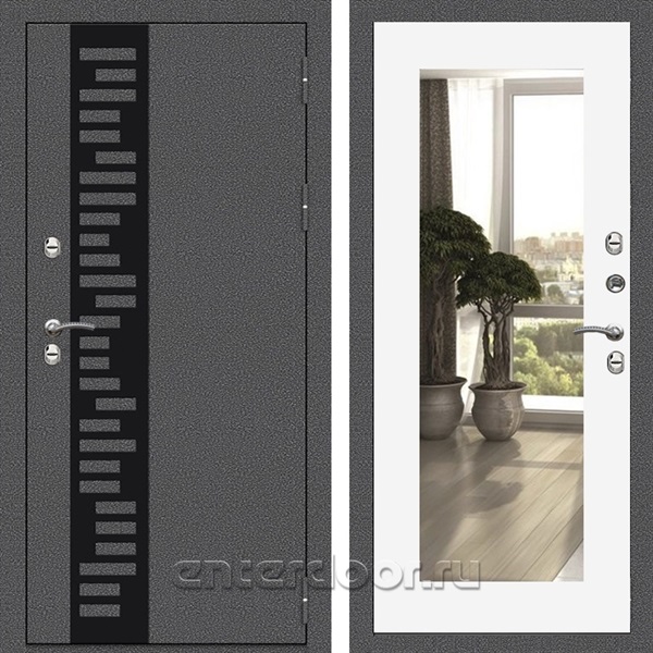 Входная дверь Термо Сибирь 3к с зеркалом Оптима (Антик серебро / Белый софт)