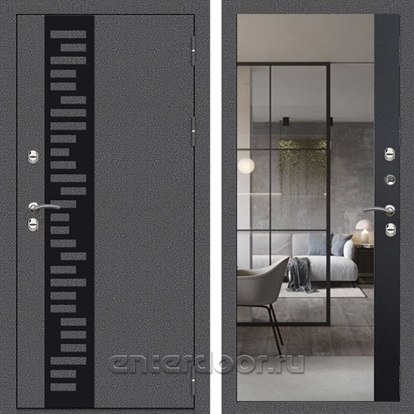Входная дверь Термо Сибирь 3к с зеркалом Фацет (Антик серебро / Черный кварц)