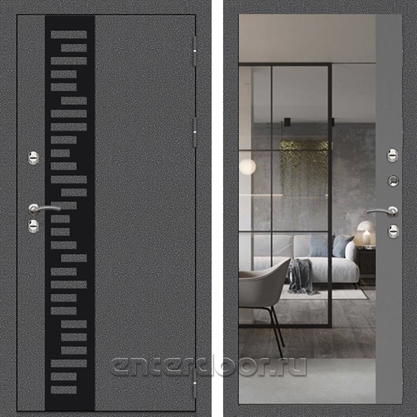 Входная дверь Термо Сибирь 3к с зеркалом Фацет (Антик серебро / Грей софт)