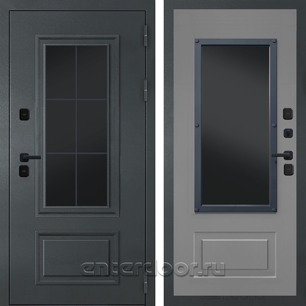 Входная дверь Термо Эверест с окном и английской решеткой (Графитовый серый / Грей софт)