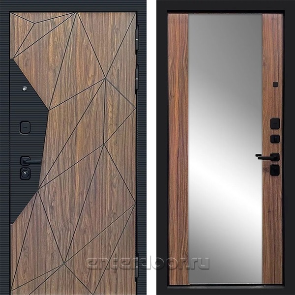 Входная дверь Морра 3К с зеркалом (Черный кварц + Орех каньон коньяк / Орех каньон коньяк)
