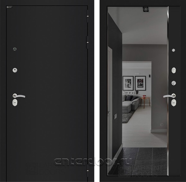 Входная дверь Классик с тонированным зеркалом Панорама (Шагрень черная / Черный кварц)