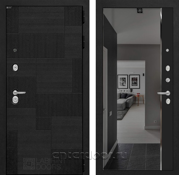 Входная дверь Пазл с тонированным зеркалом Панорама (Лофт черный / Черный кварц)