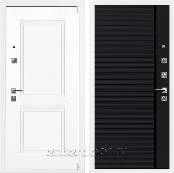Входная дверь Неон 3К Белый софт / Гранд Черный кварц + вставка черное стекло