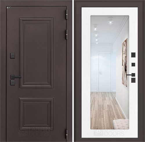 Входная дверь Полярис Термо Лайт с зеркалом 18 (Муар коричневый / Белое дерево) для частного загородного дома и дачи 30605 - фото 140324