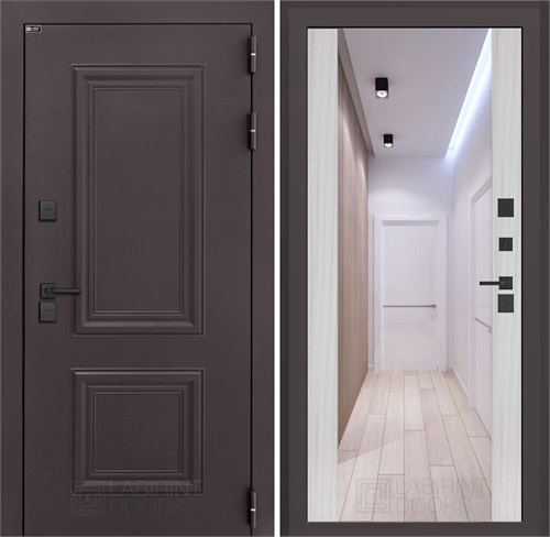 Входная дверь Полярис Термо Лайт с зеркалом Максимум (Муар коричневый / Сандал белый) для частного загородного дома и дачи 30608 - фото 140339