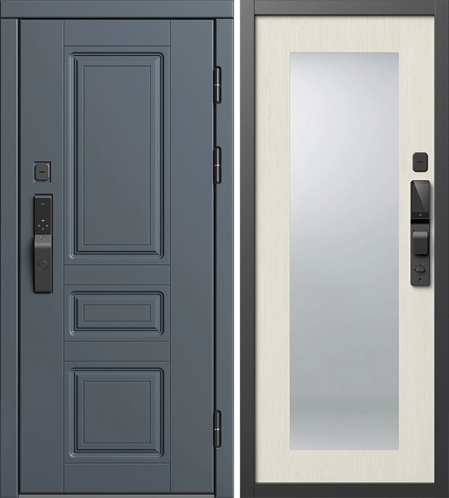 Входная дверь Премьер Графит с умным замком - зеркало Оптима Лиственница белая для установки в квартиру 33549