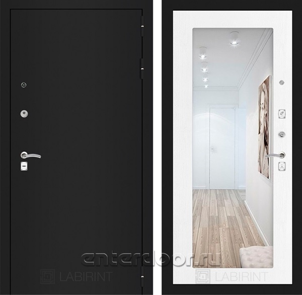 Входная металлическая дверь Лабиринт Классик с Зеркалом 18 (Шагрень черная / Белое дерево)