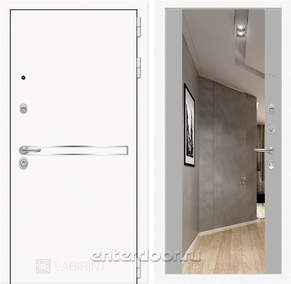 Входная металлическая дверь Лабиринт Line White с Зеркалом Максимум (Шагрень белая / Грей софт)