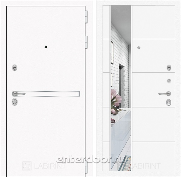 Входная металлическая дверь Лабиринт Line White 19 Зеркало (Шагрень белая / Белый софт)