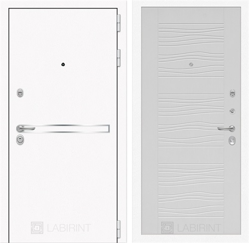 Входная металлическая дверь Лабиринт Line White 6 (Шагрень белая / Белое дерево)