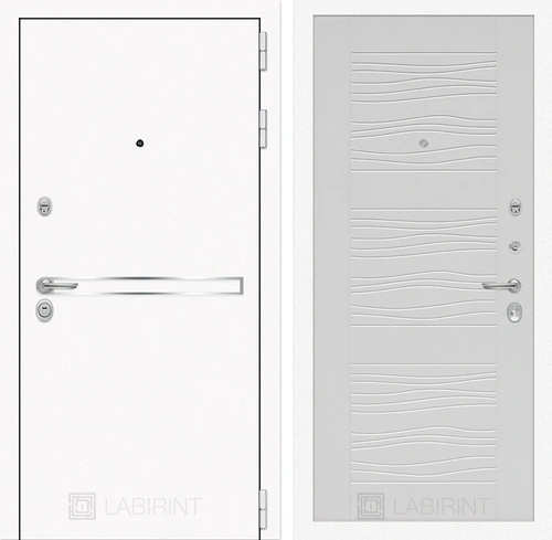Входная металлическая дверь Лабиринт Line White 6 (Шагрень белая / Белое дерево)