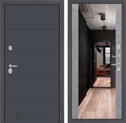 Входная металлическая дверь Лабиринт Арт с Зеркалом Максимум (Графит софт / Бетон светлый)