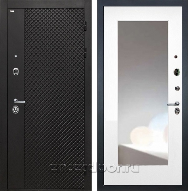 Входная металлическая дверь Интекрон Олимпия Блэк с зеркалом Maкси (Лофт чёрный / Белая матовая)