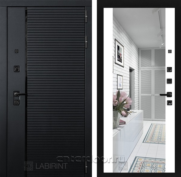 Входная металлическая дверь Лабиринт Piano с зеркалом Максимум (Чёрный кварц / Белый софт)