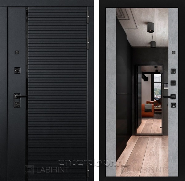 Входная металлическая дверь Лабиринт Piano с зеркалом Максимум (Чёрный кварц / Бетон светлый)