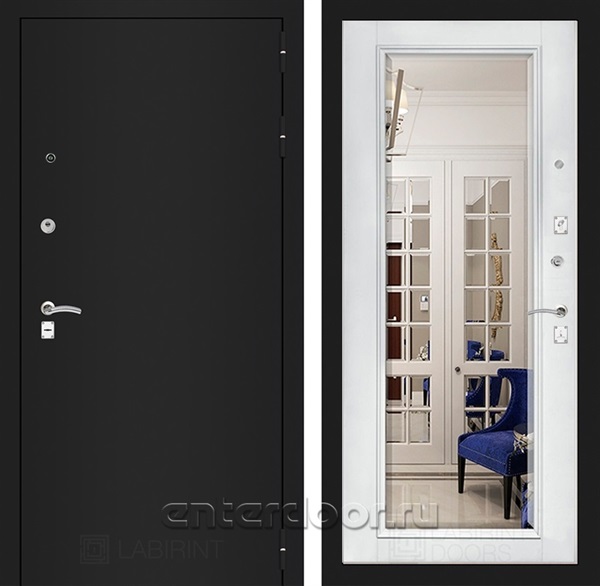Входная металлическая дверь Лабиринт Классик с зеркалом Фацет (Шагрень черная / Белый софт)