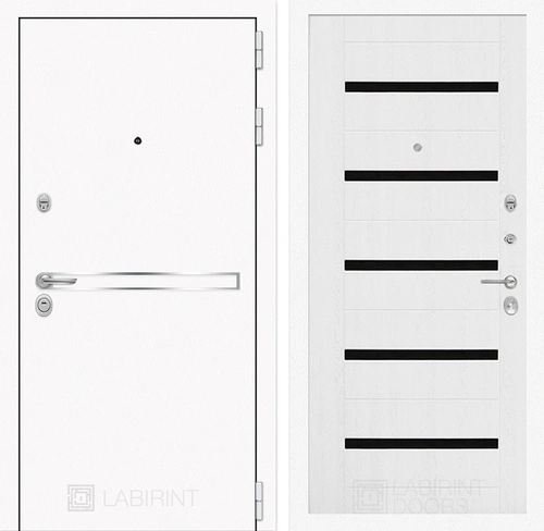 Входная металлическая дверь Лабиринт Line White 01 (Шагрень белая / Белое дерево)