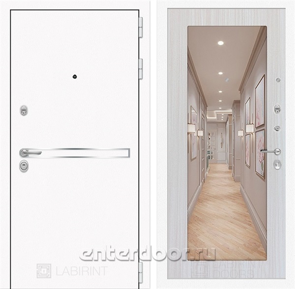 Входная металлическая дверь Лабиринт Line White с зеркалом 18 (Шагрень белая / Сандал белый)