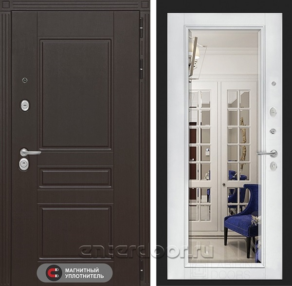 Входная металлическая дверь Лабиринт Мегаполис с зеркалом Фацет (Венге / Белый софт)