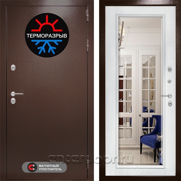 Уличная металлическая дверь Лабиринт Термо Магнит с зеркалом Фацет (Антик медный / Белый софт)