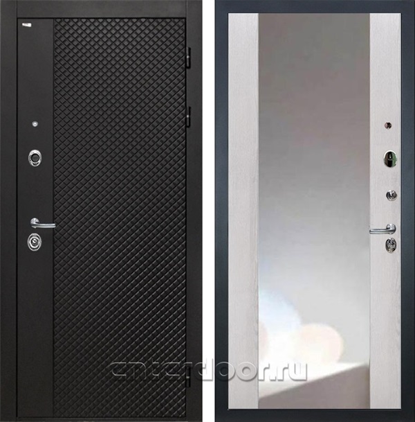 Входная металлическая дверь Интекрон Олимпия Блэк с зеркалом ФЛЗ-156 (Лофт чёрный / Сосна белая)