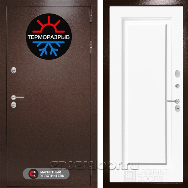 Уличная металлическая дверь Лабиринт Термо Магнит 27 (Антик медный / Эмаль белая RAL 9003)