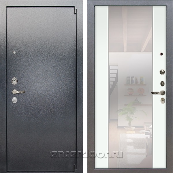 Входная стальная дверь Лекс 3 Барк с зеркалом №61 (Серый букле / Белая шагрень)