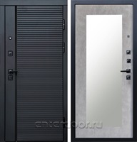 Входная металлическая дверь Блэк Гранд зеркало Оптима (Чёрный кварц / Бетон светлый)