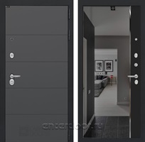 Входная дверь Арт с тонированным зеркалом Панорама (Графит софт / Черный кварц)