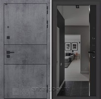 Входная дверь Инфинити с тонированным зеркалом Панорама (Бетон темный / Черный кварц)