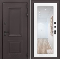 Входная дверь Полярис Термо Лайт с зеркалом 18 (Муар коричневый / Белое дерево) для частного загородного дома и дачи 30605