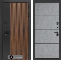 Входная дверь с терморазрывом Айслаб №25 - Бетон светлый, черные молдинги для частного загородного дома и дачи 31498