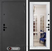 Входная металлическая дверь Лабиринт Acustic с зеркалом Фацет (Муар серый / Белый софт)