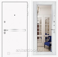 Входная металлическая дверь Лабиринт Line White с зеркалом Фацет (Шагрень белая / Белый софт)