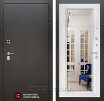 Входная металлическая дверь Лабиринт Сильвер с зеркалом Фацет (Антик темное серебро / Белый софт)
